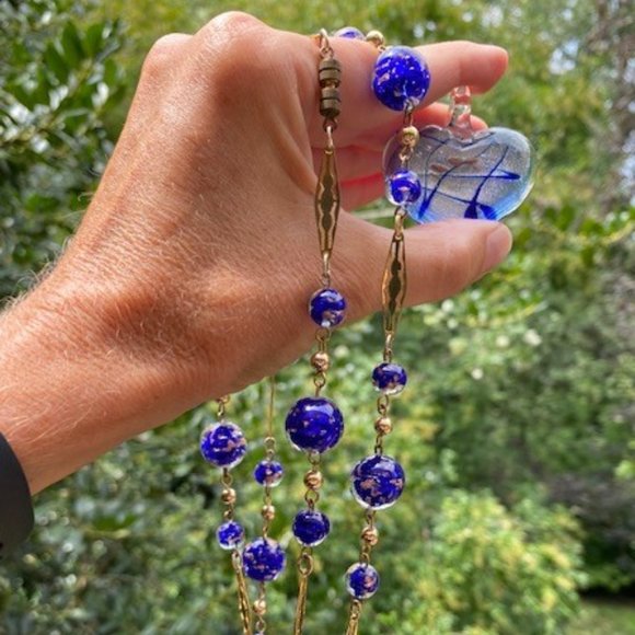 VTG Blue Glass Necklace Brooch Pendant - Picture 3 of 5